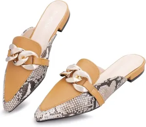 Mules for Women Chain Pointed Toe Flat Slides Mules - Slip on Comfortable Leather Women's Mule Shoe