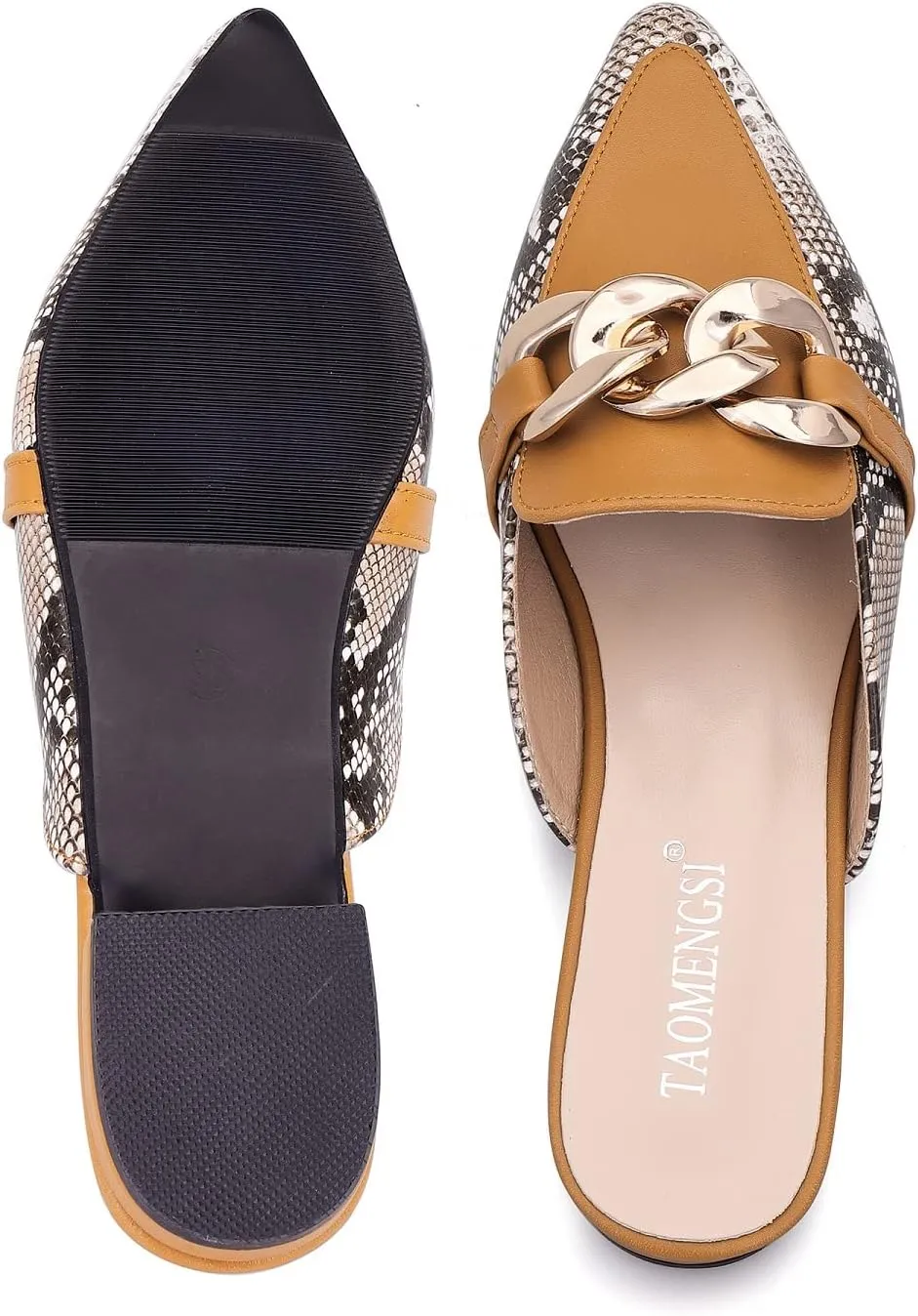 Mules for Women Chain Pointed Toe Flat Slides Mules - Slip on Comfortable Leather Women's Mule Shoe
