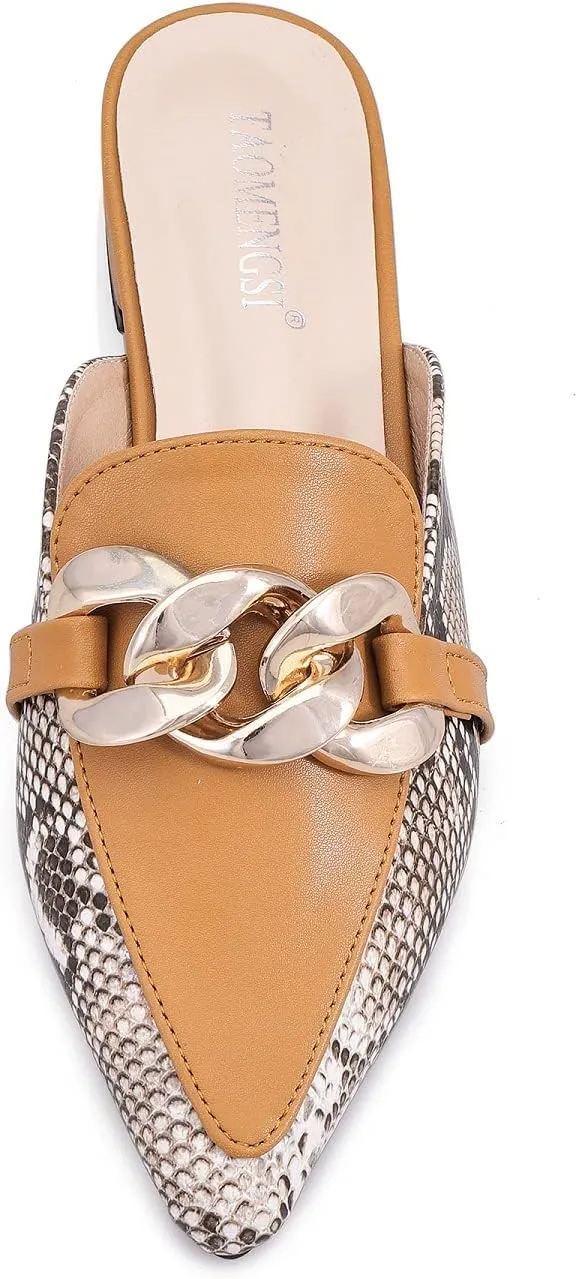 Mules for Women Chain Pointed Toe Flat Slides Mules - Slip on Comfortable Leather Women's Mule Shoe