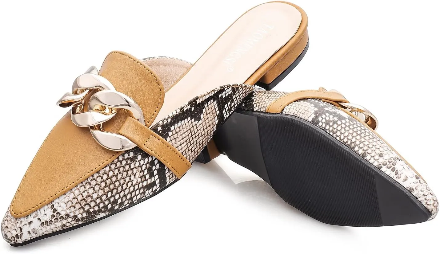 Mules for Women Chain Pointed Toe Flat Slides Mules - Slip on Comfortable Leather Women's Mule Shoe