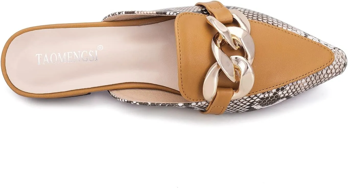 Mules for Women Chain Pointed Toe Flat Slides Mules - Slip on Comfortable Leather Women's Mule Shoe