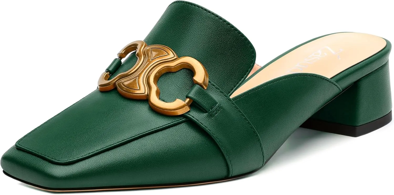 Mules Shoes for Women, Women's Chunky Mules Square Toe Slip on Comfortable Dress Casual Low Heel Metal Buckle Backless Slides Loafer Shoes 1.4 Inch