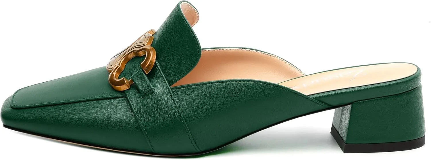 Mules Shoes for Women, Women's Chunky Mules Square Toe Slip on Comfortable Dress Casual Low Heel Metal Buckle Backless Slides Loafer Shoes 1.4 Inch