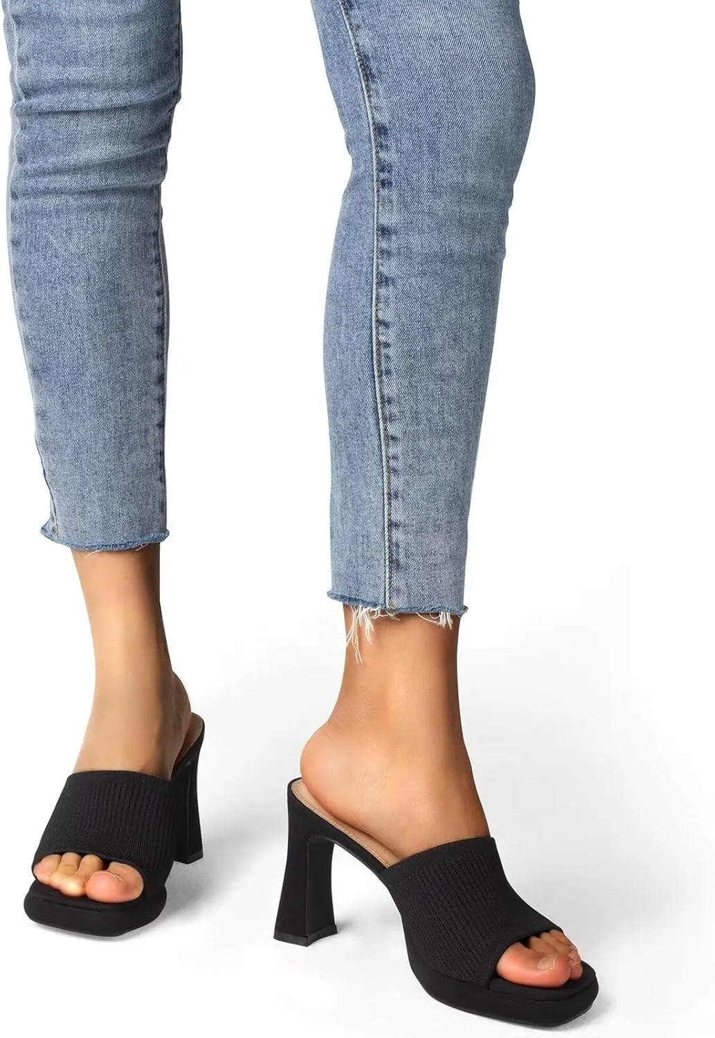 MUSSHOE High Platform Sandals for Women Square Toe Chunky Heel Block Heeled Sandals Slip On Open Toe Comfortable Sandals