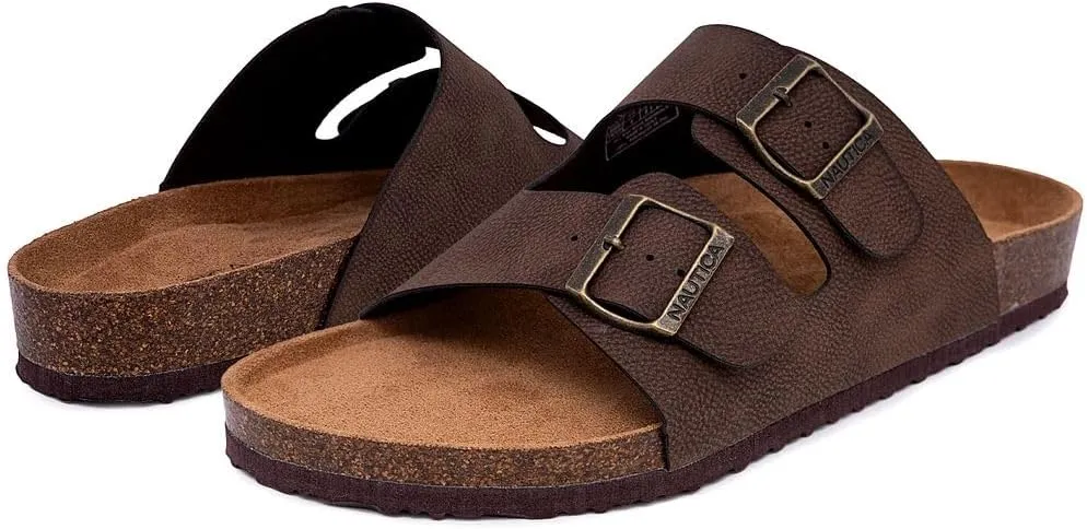 Nautica Men's Sandals - Casual Slides with 2 Adjustable Buckle Straps and Cork Footbed for Ultimate Comfort and Style (Regular/Wide Width, Big Size)