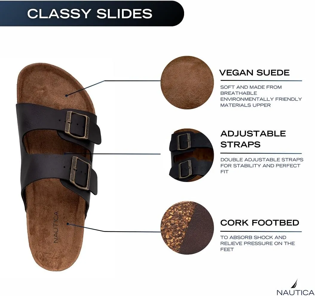 Nautica Men's Sandals - Casual Slides with 2 Adjustable Buckle Straps and Cork Footbed for Ultimate Comfort and Style (Regular/Wide Width, Big Size)