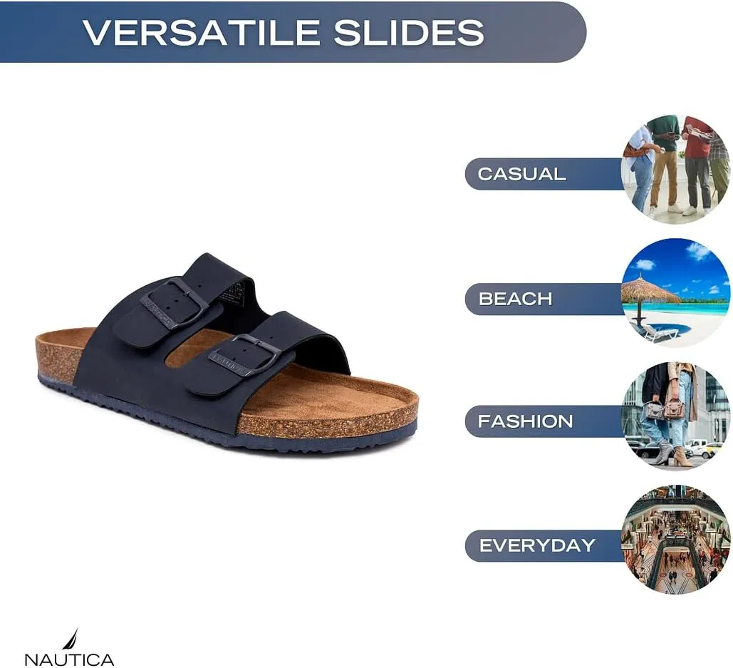 Nautica Men's Sandals - Casual Slides with 2 Adjustable Buckle Straps and Cork Footbed for Ultimate Comfort and Style (Regular/Wide Width, Big Size)