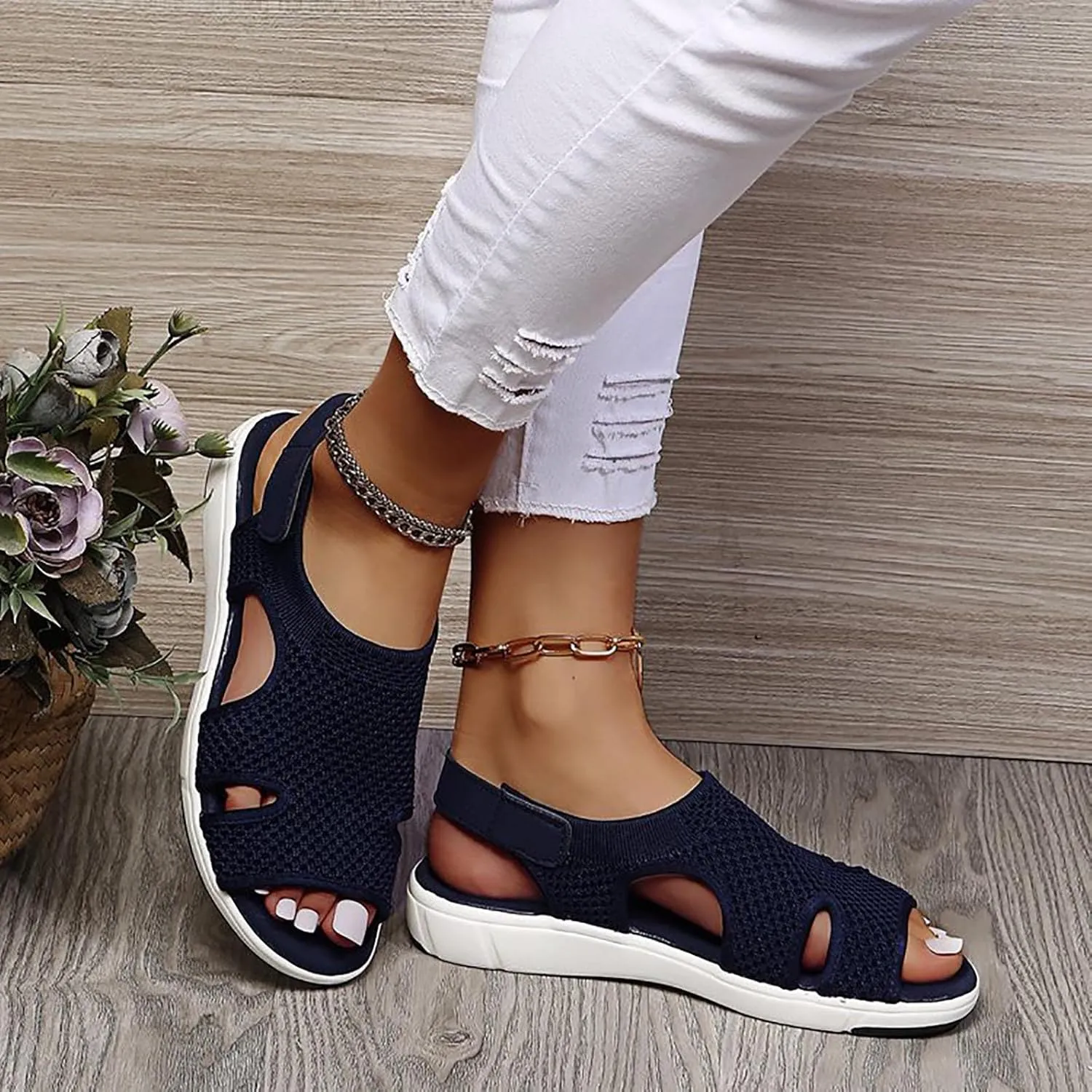 oiangi Summer Sandals for Women Platform Fashion Breathable Mesh Walking Shoes Solid Color Casual Comfortable Elastic Knit Slingback Ladies Shoes