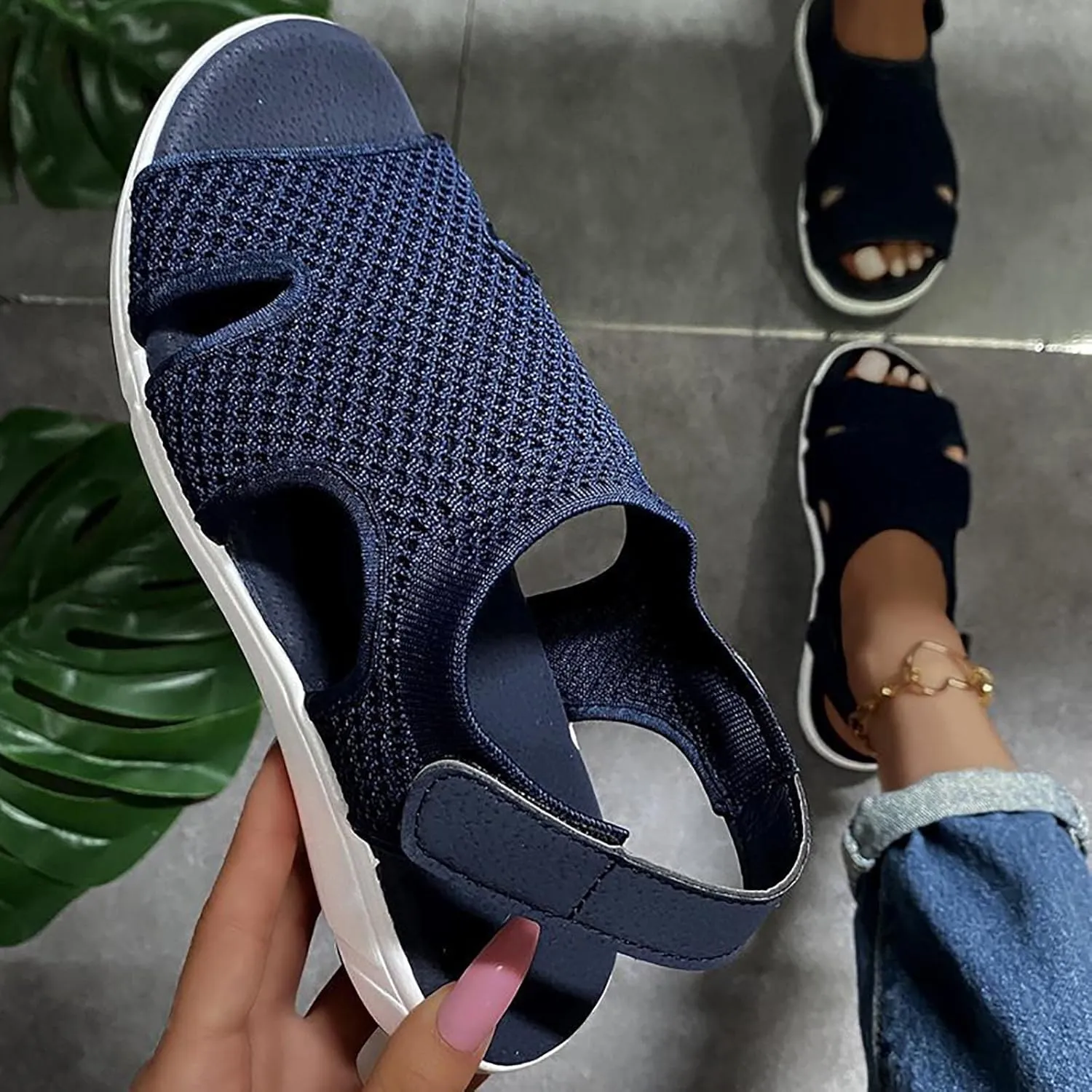 oiangi Summer Sandals for Women Platform Fashion Breathable Mesh Walking Shoes Solid Color Casual Comfortable Elastic Knit Slingback Ladies Shoes