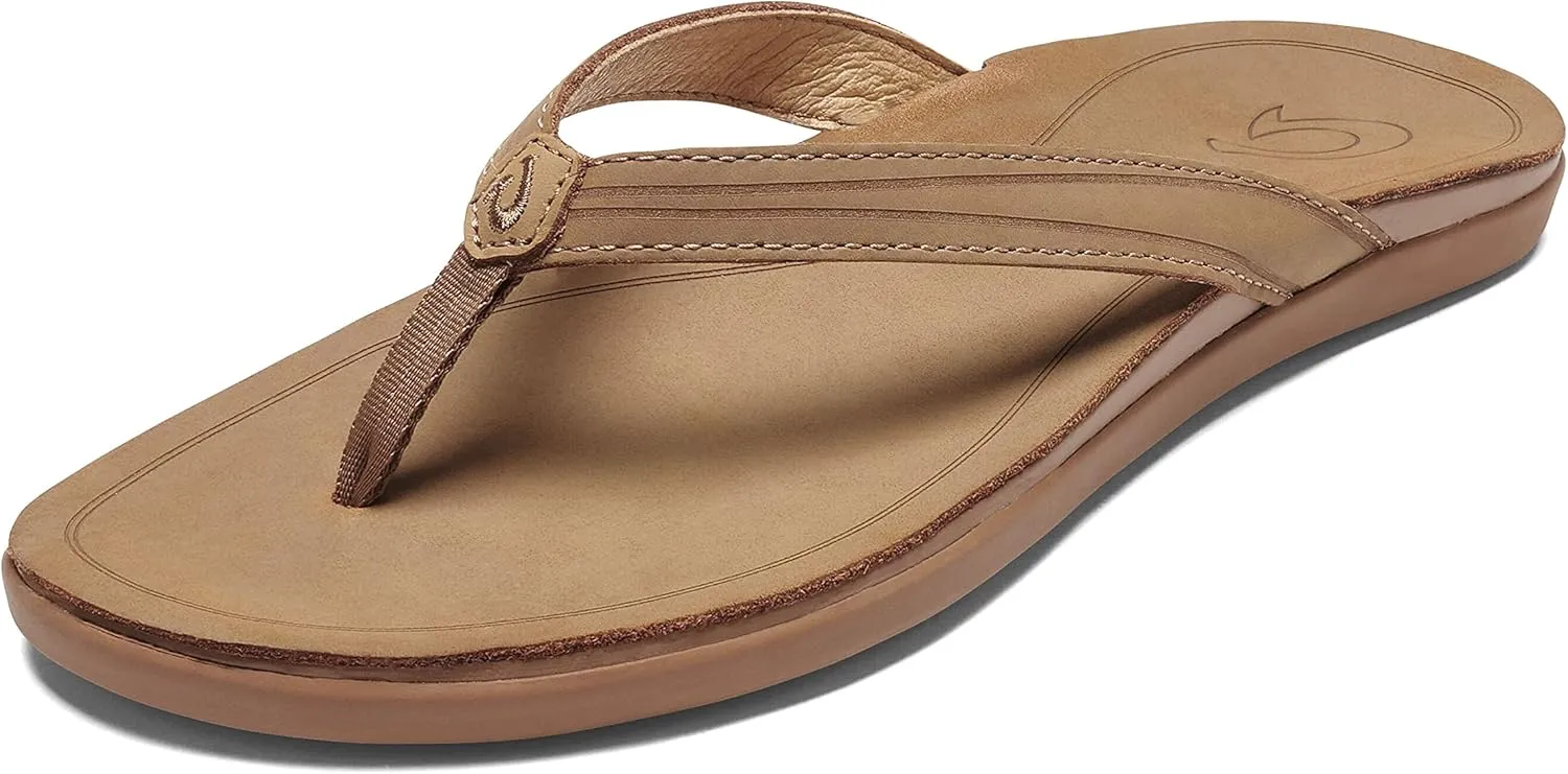 OLUKAI 'Aukai Women's Beach Sandals, Soft Leather Flip-Flop Slides with Non Marking Outsoles, Lightweight & All-Day Comfort