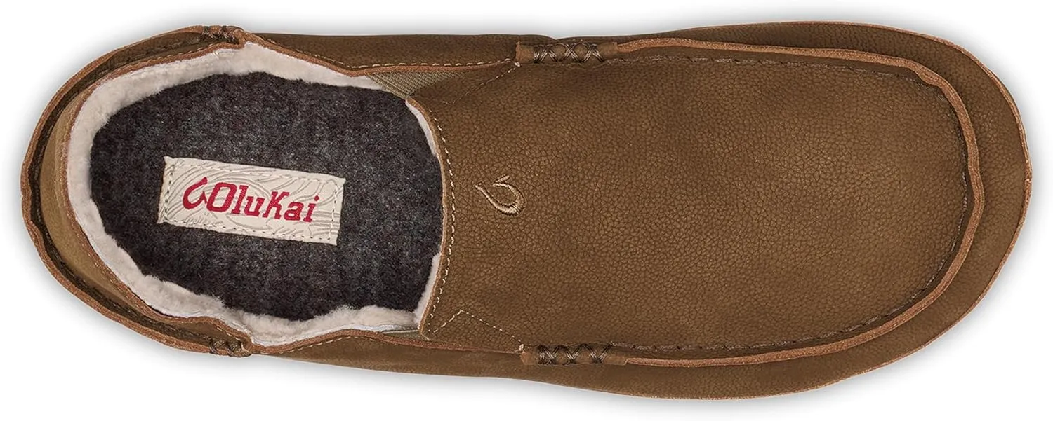 OLUKAI Moloa Slipper Men's Premium Leather Slip On Shoes, Soft Genuine Shearling Lining & Gel Insert, Drop-In Heel & All-Day Comfort