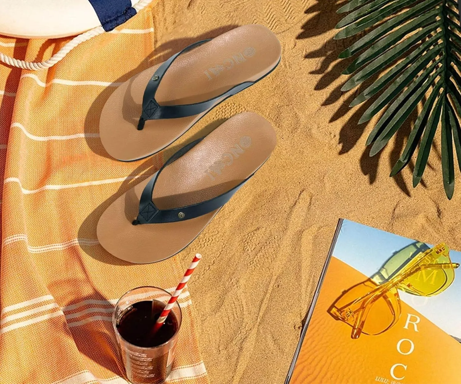ONCAI Womens Flip Flops For Women Comfortable Leather Strap Yoga Mat Non-Slip Women's Thong Sandal Casual Summer Beach Slippers With Arch Support