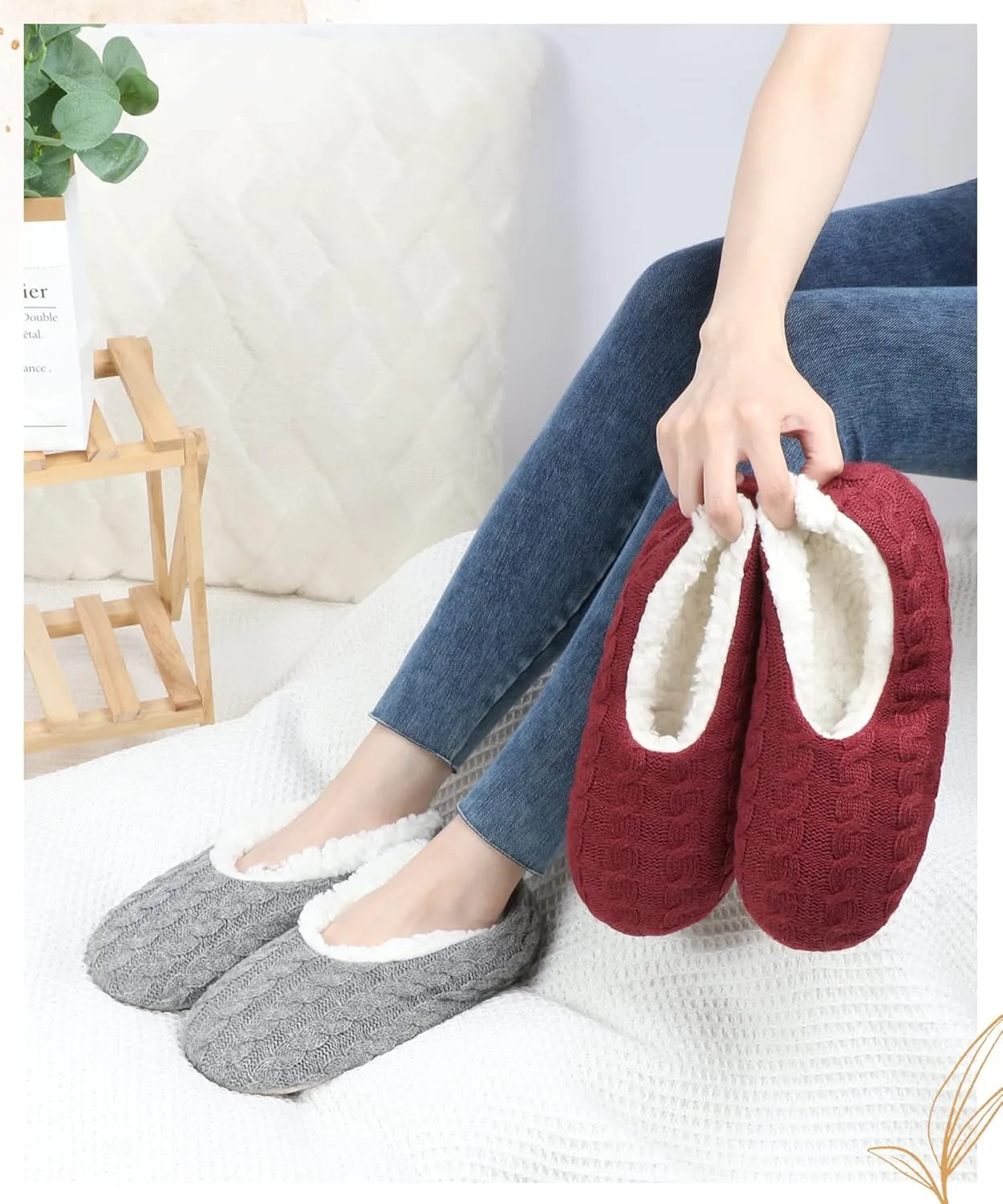 Panda Bros 2 Pairs Slipper Socks For Women With Grippers, Fuzzy Womens Slipper Socks With Non Slip Bottoms, Cozy Warm House Slippers