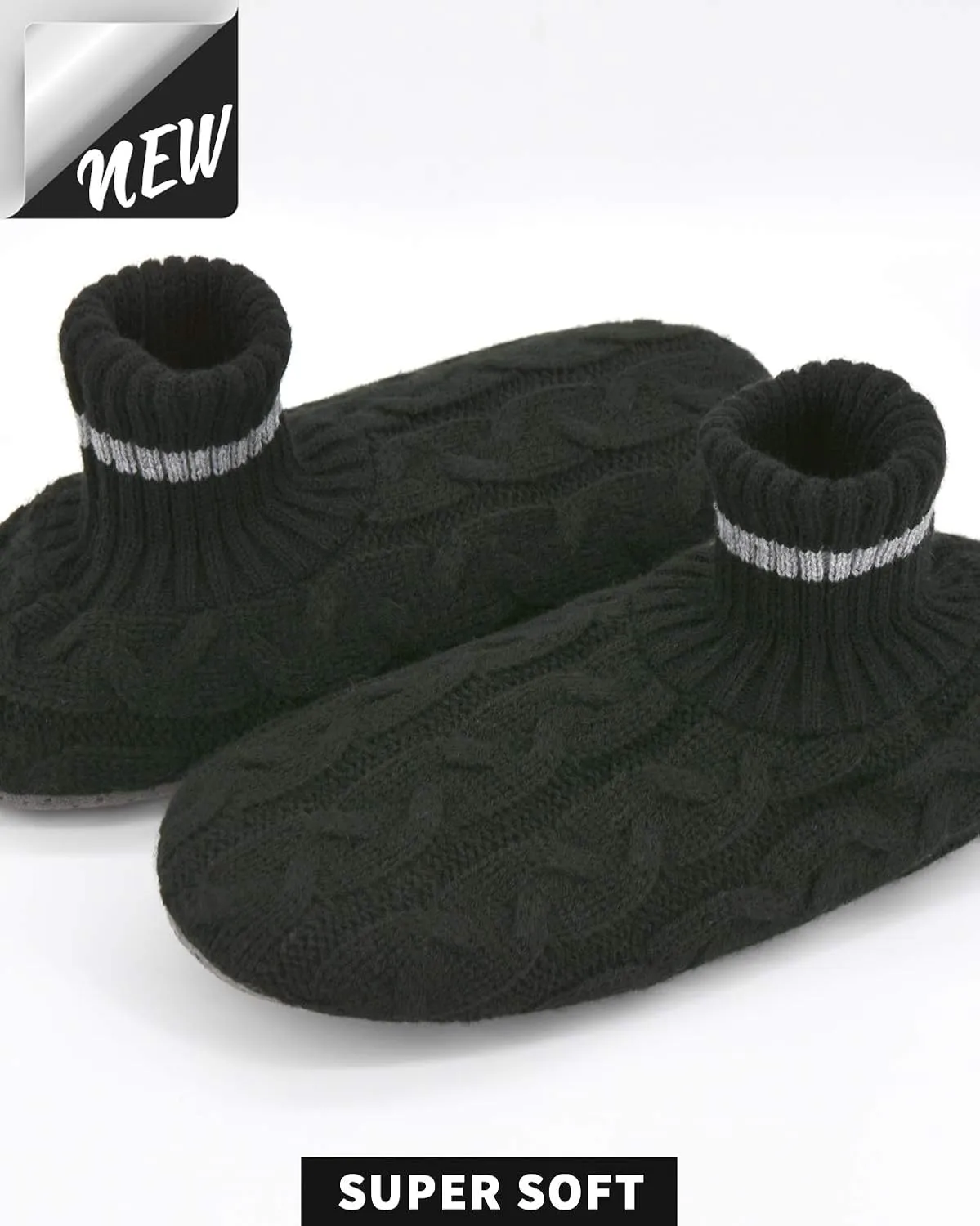 Panda Bros Men's Slipper Socks, Winter Cable Knit Non-Skid Warm Cozy Soft Indoor Socks With Fluffy Sherpa Lined