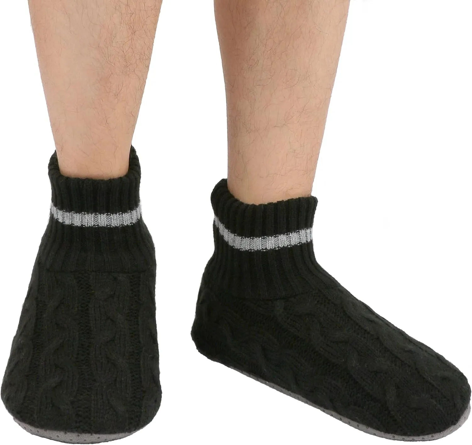 Panda Bros Men's Slipper Socks, Winter Cable Knit Non-Skid Warm Cozy Soft Indoor Socks With Fluffy Sherpa Lined