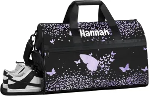 Personalized Duffel Bag with Name Butterfly Custom Travel Sports Bag with Shoes Compartment for Women Men Waterproof Dance Ballet Bag Lightweight, Purple Fluid Glitter