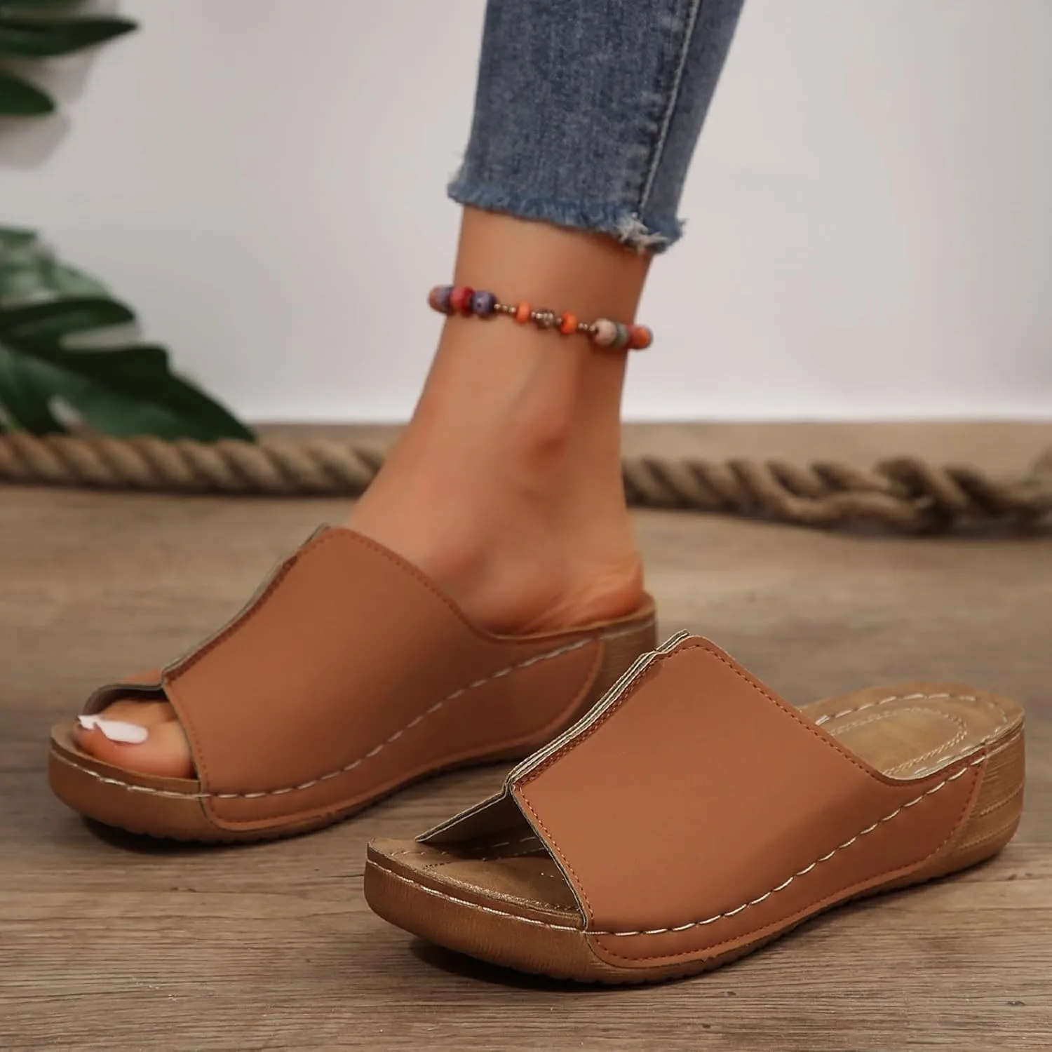 Platform Sandals Women Summer Orthopedic Arch Support Flat Slip on Wide Width Leather Wedge Sandals Damping Sole Upgradation Stretch Lightweight Heels Sandals Diabetic Walking Shoes