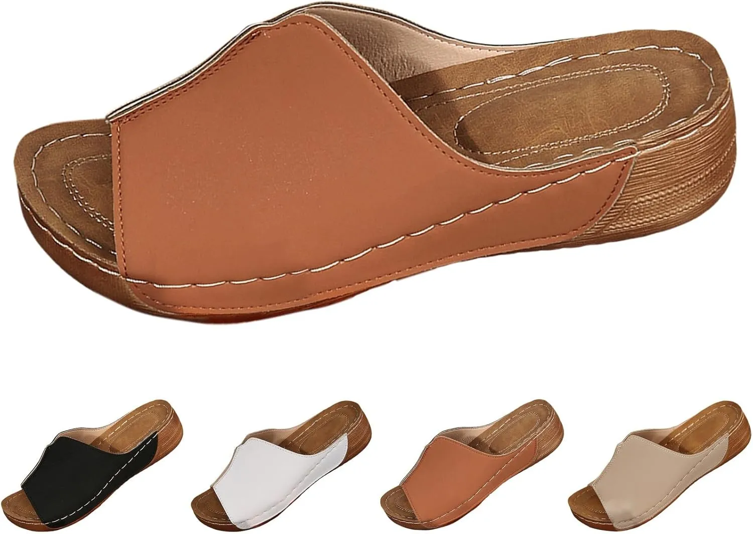 Platform Sandals Women Summer Orthopedic Arch Support Flat Slip on Wide Width Leather Wedge Sandals Damping Sole Upgradation Stretch Lightweight Heels Sandals Diabetic Walking Shoes