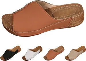 Platform Sandals Women Summer Orthopedic Arch Support Flat Slip on Wide Width Leather Wedge Sandals Damping Sole Upgradation Stretch Lightweight Heels Sandals Diabetic Walking Shoes