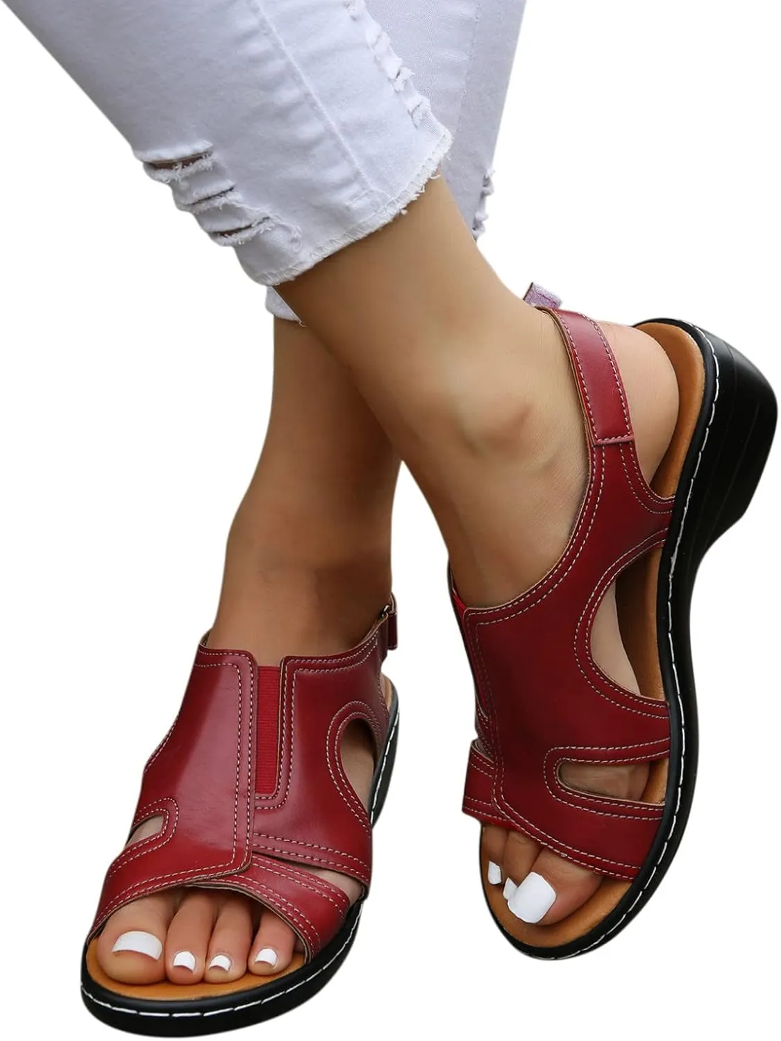 Platform Wedge Sandals for Women Casual Retro PU Leather Shoes Summer Open Toe Ankle Strap Elegant Roman Sandal