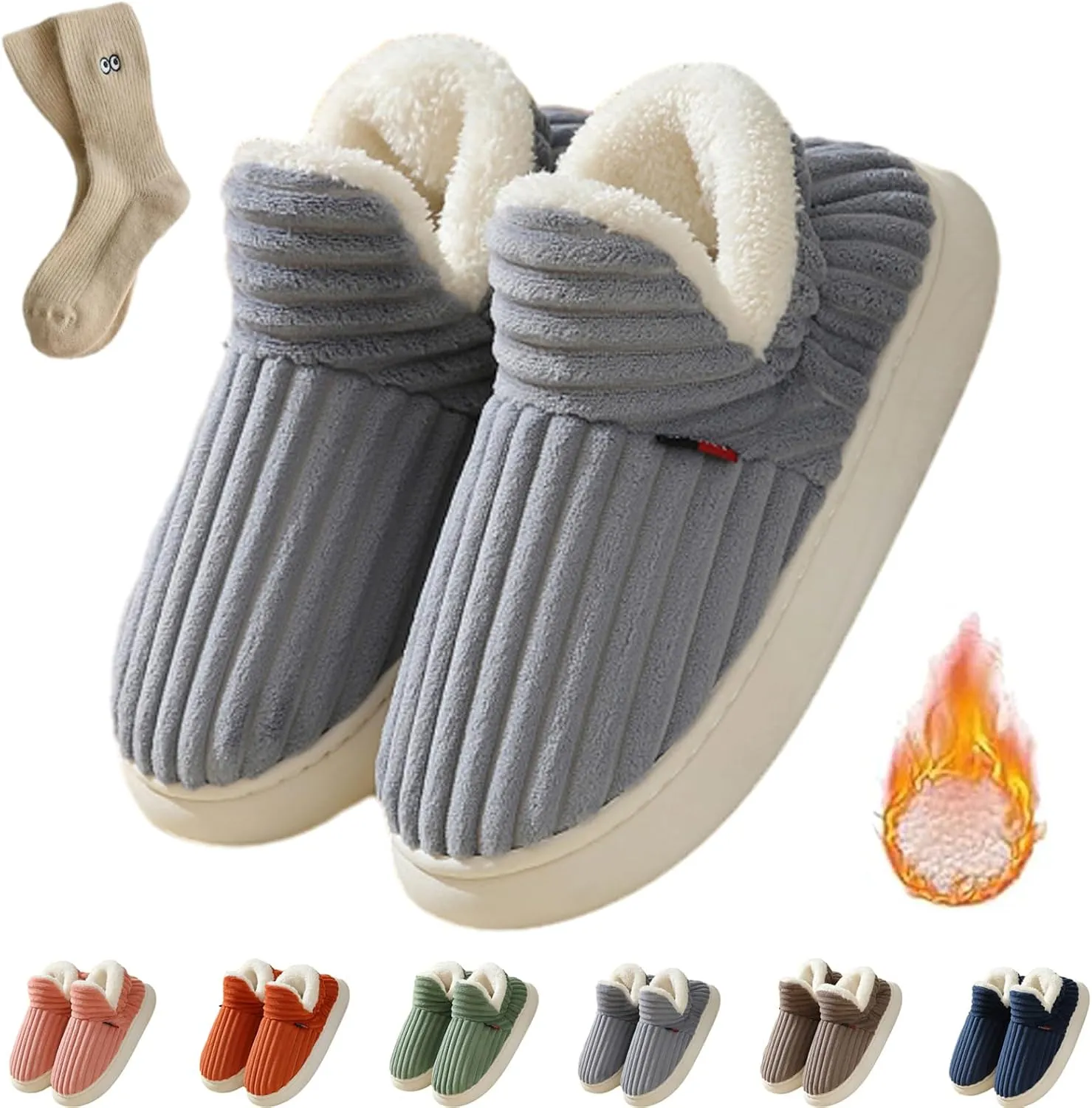 Pluffi Slipper Booties Women Men, Winter Anti-Slip Warm fluffy slippers Shoes, Plush Striped Ankle Heeled Cloud Slides