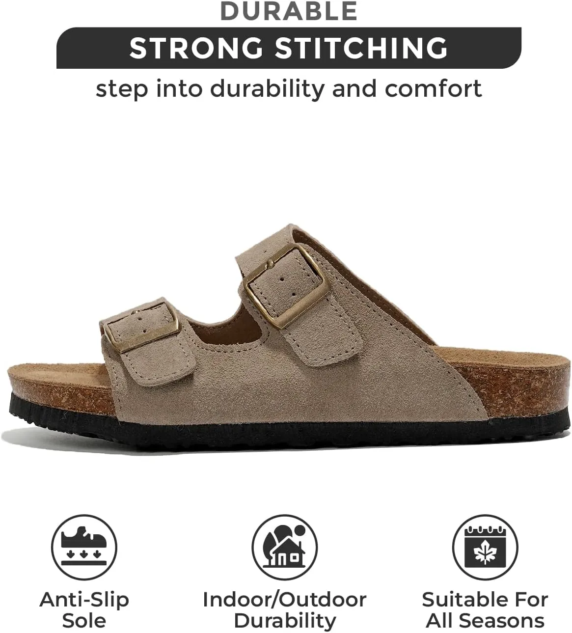 Project Cloud Genuine Leather Mens Sandals with Memory Foam Natural Cork Footbed Slides for Men Footwear - Non-Slip Double-Strap Buckle Summer Sandals (Arizona)