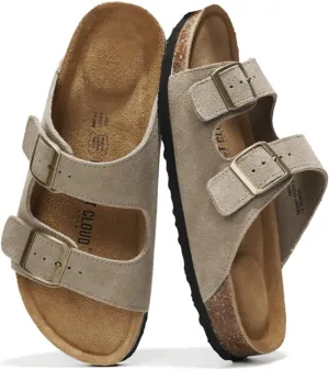 Project Cloud Genuine Leather Mens Sandals with Memory Foam Natural Cork Footbed Slides for Men Footwear - Non-Slip Double-Strap Buckle Summer Sandals (Arizona)