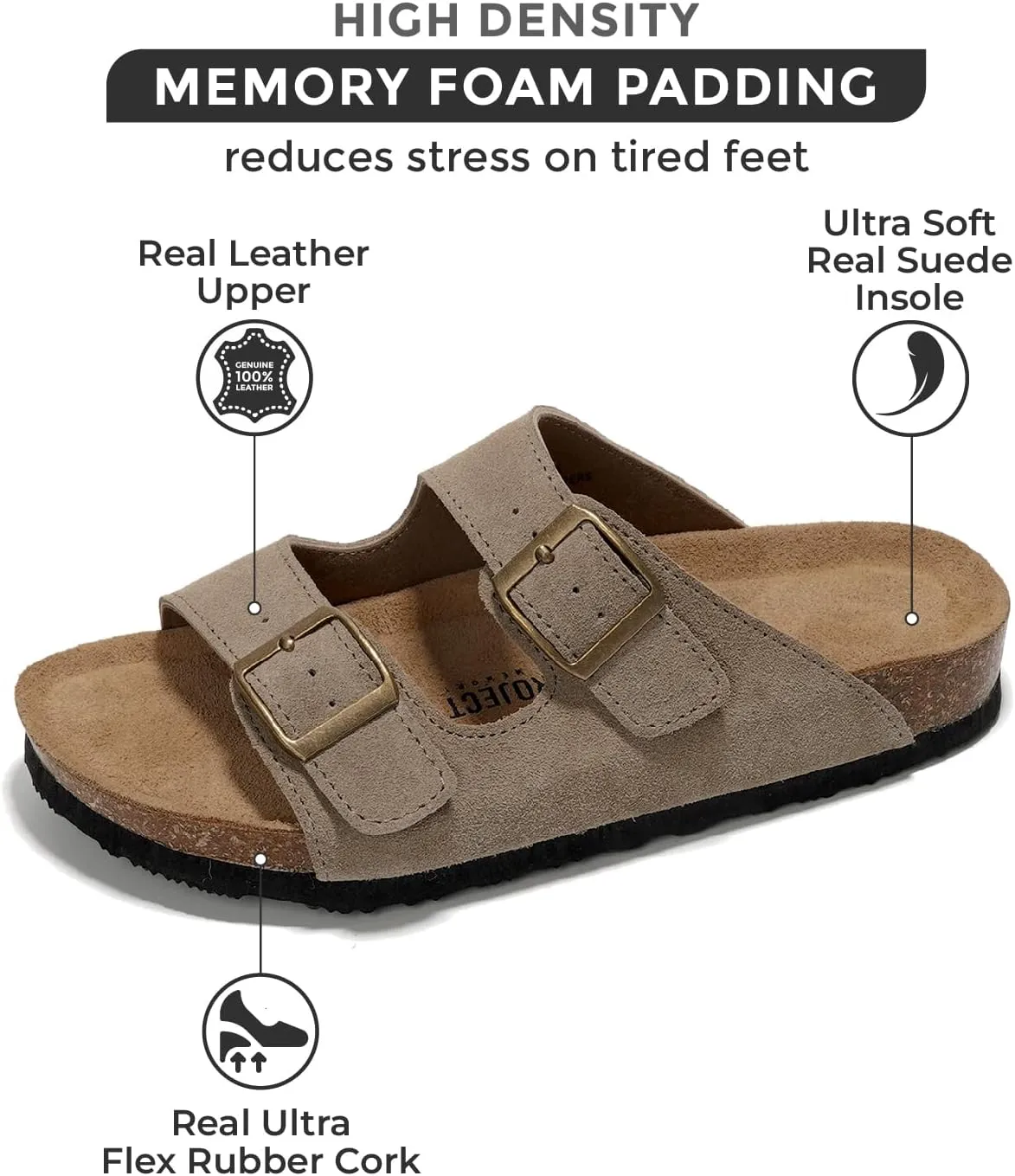 Project Cloud Genuine Leather Mens Sandals with Memory Foam Natural Cork Footbed Slides for Men Footwear - Non-Slip Double-Strap Buckle Summer Sandals (Arizona)
