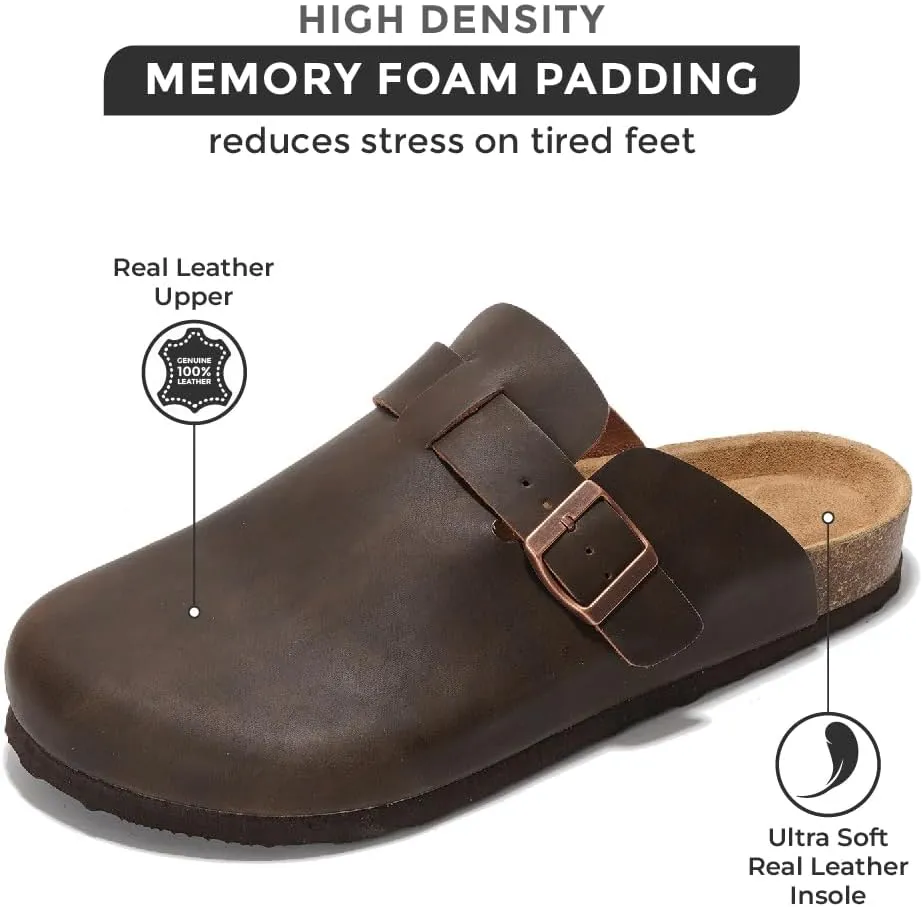 Project Cloud Mens Clogs - Full Grain Genuine Leather Memory Foam Clogs for Men Arch Support Cork Footbed - Non Slip Platform Mules (Brooklyn)