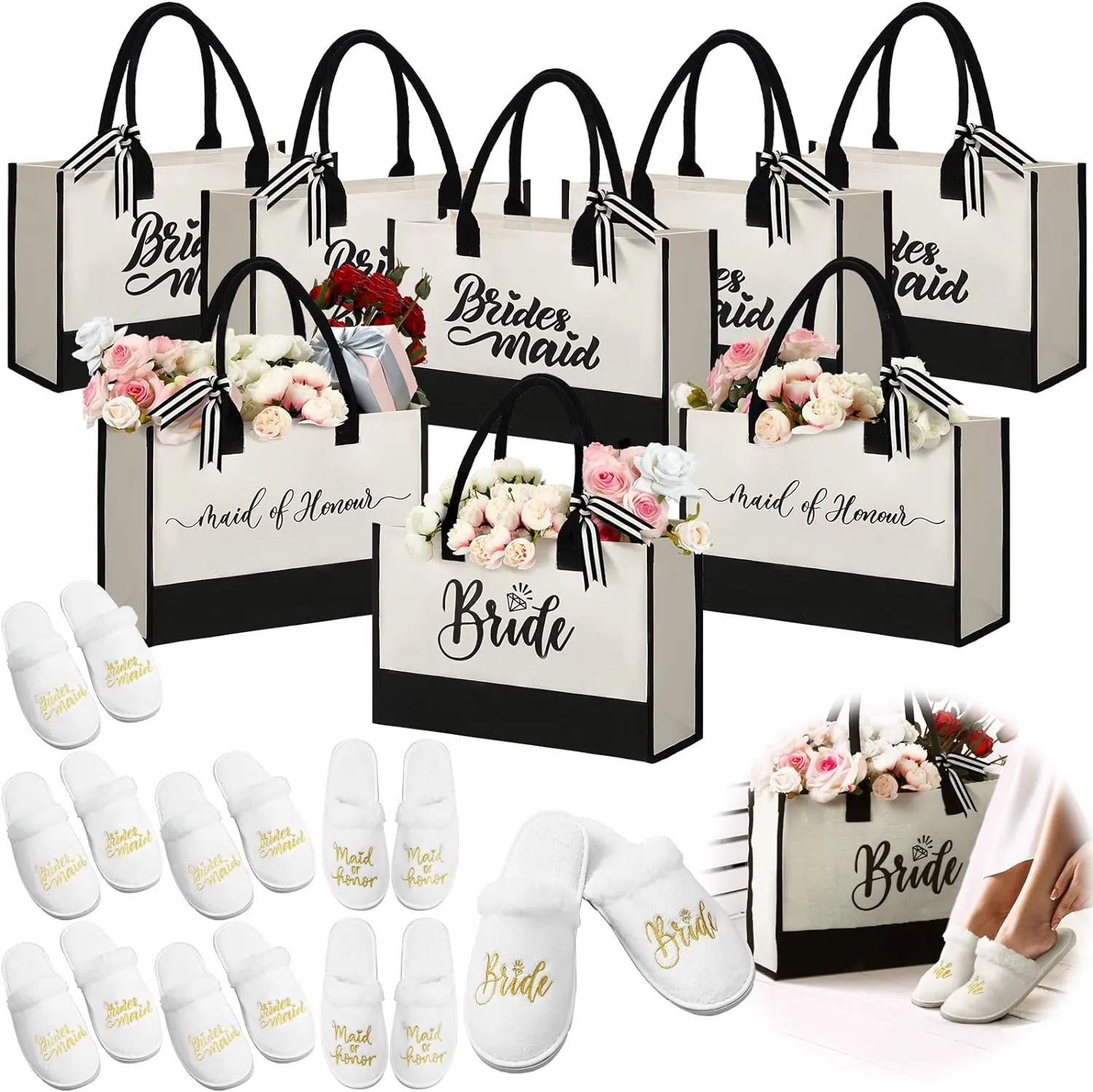 Riyiper 8 Pcs Bridesmaid Gift Bags Canvas Tote and 8 Pairs Women's Bride Slippers Set of 6 Maid of Honor Bride Bridesmaid Proposal Bag Wedding Slippers for Bridal Shower Bachelorette Party