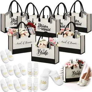 Riyiper 8 Pcs Bridesmaid Gift Bags Canvas Tote and 8 Pairs Women's Bride Slippers Set of 6 Maid of Honor Bride Bridesmaid Proposal Bag Wedding Slippers for Bridal Shower Bachelorette Party