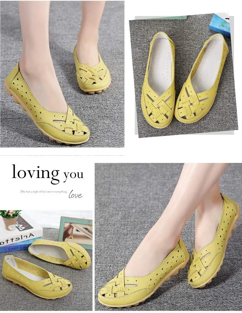 Rojeam Women's Casual Leather Moccasins Slip-on Loafers Boat Shoes Flats Driving Shoes Sandals