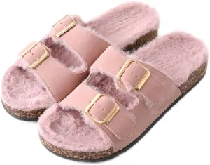 Roxoni Women's Open Toe Feather Slipper with Adjustable Double Buckle Cozy Cork Slide Sandal