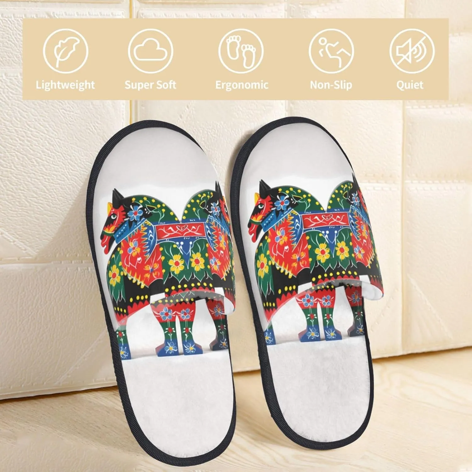 Runner Swedish Dala Horse Folk Women's Fuzzy Slippers Slip-on Slipper Soft Comfy Bedroom Slippers Non-slip House Shoes