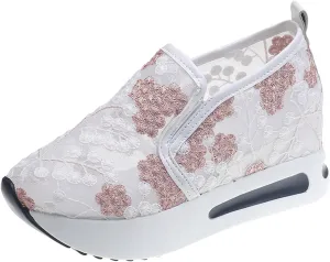 SACFOF Women's Floral Embroidery Breathable Mesh Sneakers Summer Platform Shoes Hidden Wedge High Top Walking Sneakers
