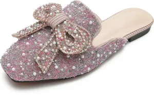 SAFECAMS Women's Rhinestone Bow Flat Mules Comfortable Square Toe Slip on Penny Loafers Ladies Baotou Clogs Half Slides Mules