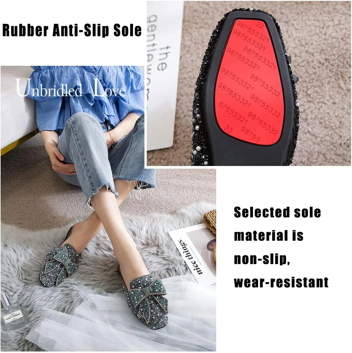 SAFECAMS Women's Rhinestone Bow Flat Mules Comfortable Square Toe Slip on Penny Loafers Ladies Baotou Clogs Half Slides Mules