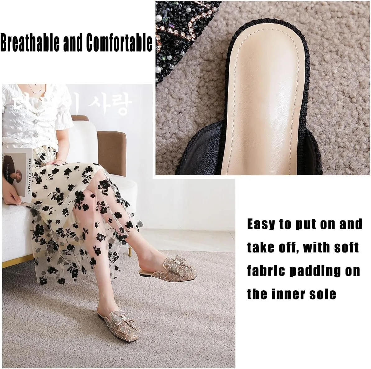 SAFECAMS Women's Rhinestone Bow Flat Mules Comfortable Square Toe Slip on Penny Loafers Ladies Baotou Clogs Half Slides Mules