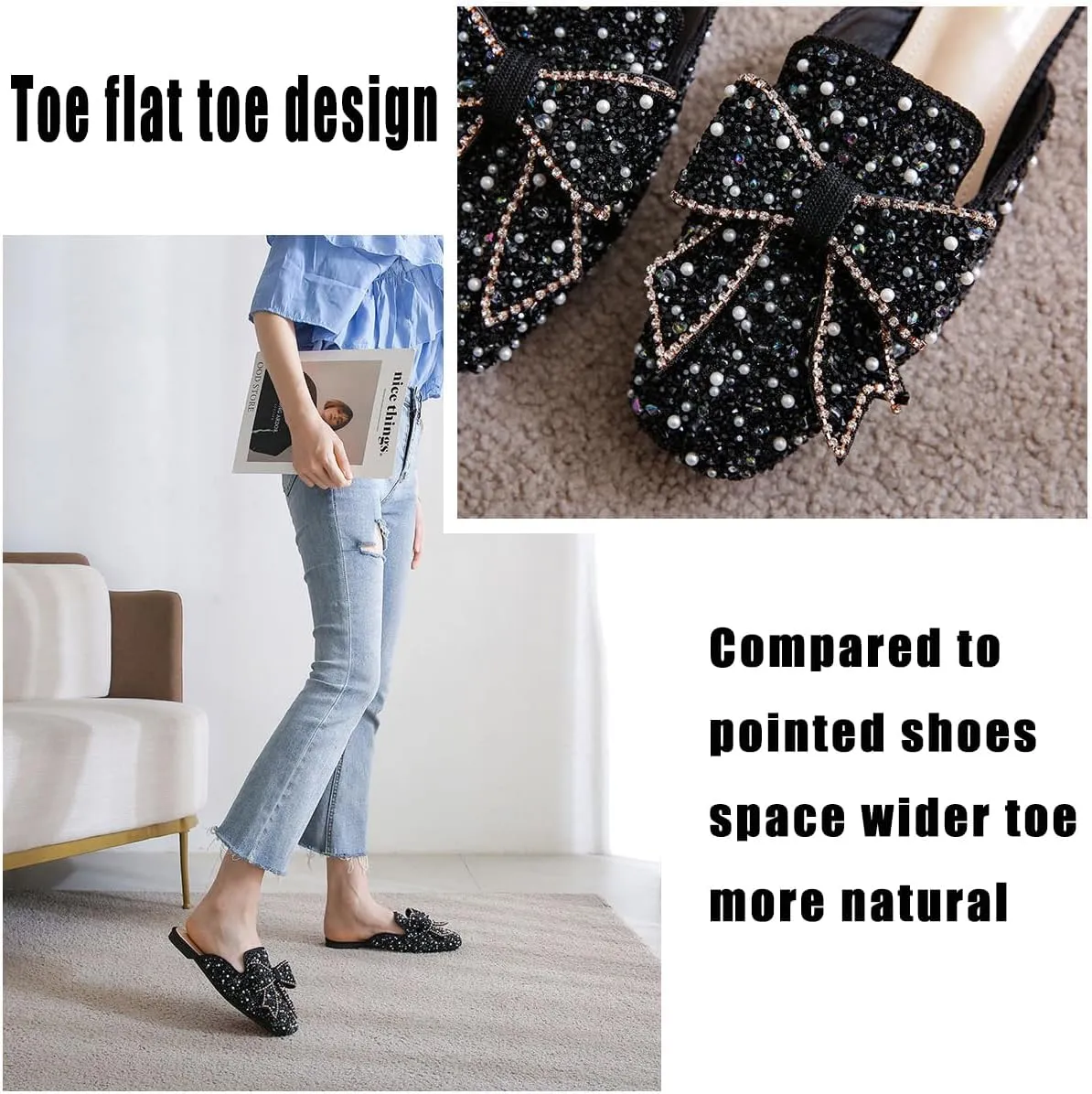 SAFECAMS Women's Rhinestone Bow Flat Mules Comfortable Square Toe Slip on Penny Loafers Ladies Baotou Clogs Half Slides Mules