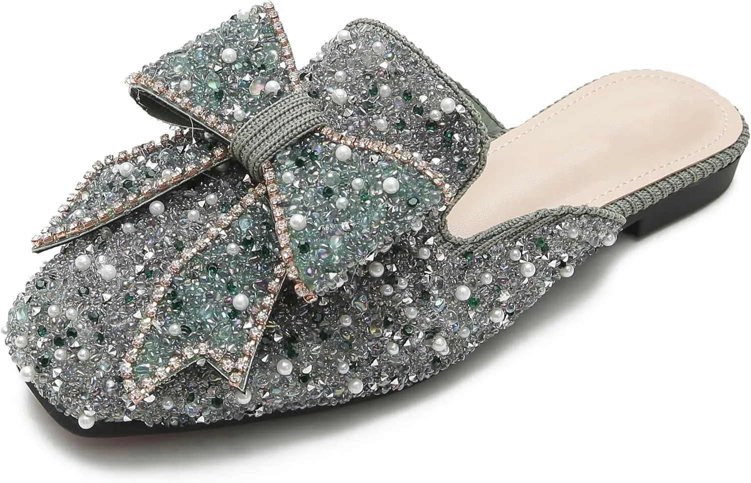 SAFECAMS Women's Rhinestone Bow Flat Mules Comfortable Square Toe Slip on Penny Loafers Ladies Baotou Clogs Half Slides Mules