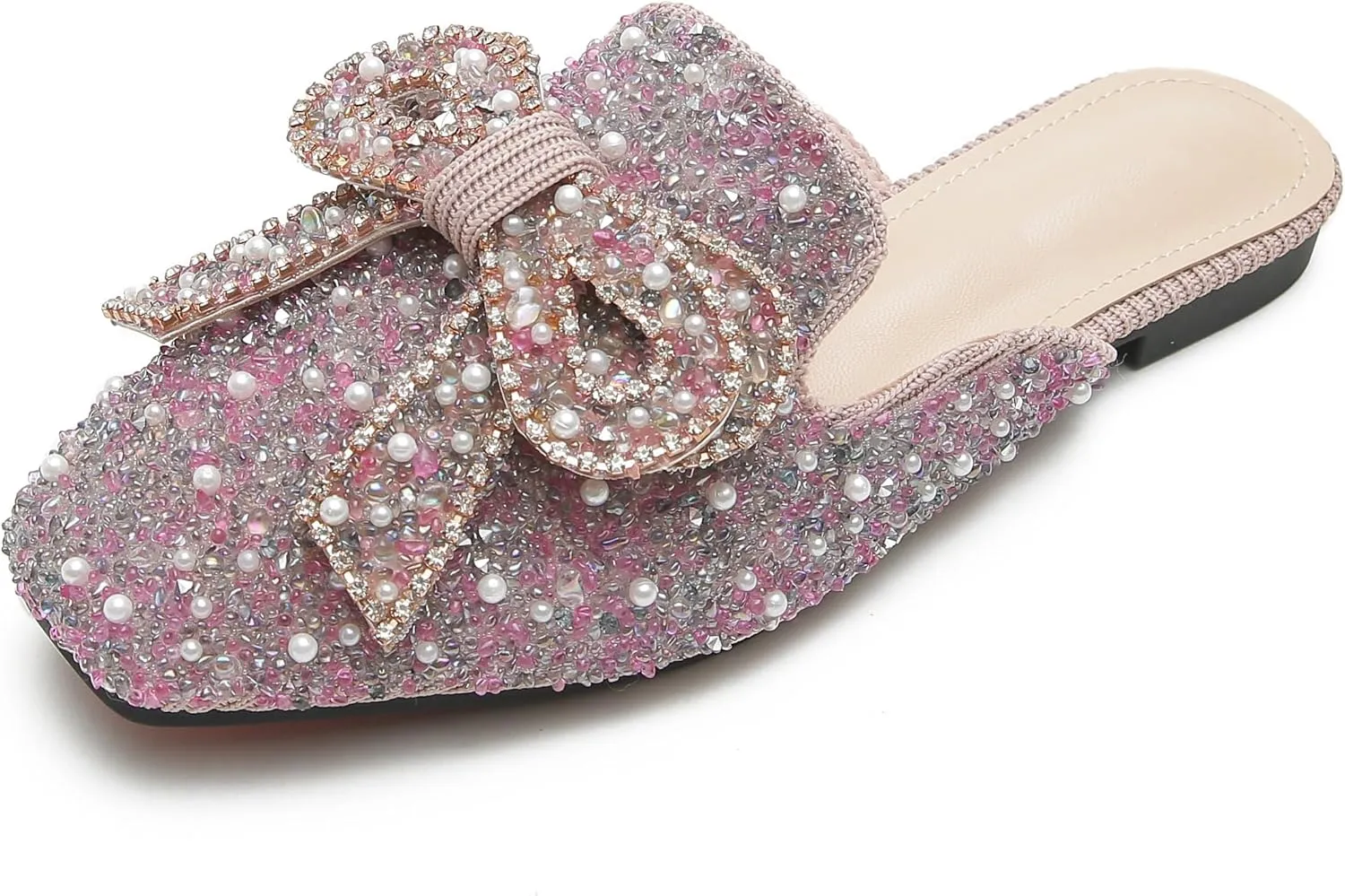 SAFECAMS Women's Rhinestone Bow Flat Mules Comfortable Square Toe Slip on Penny Loafers Ladies Baotou Clogs Half Slides Mules