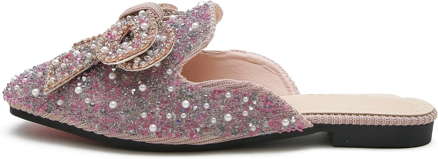 SAFECAMS Women's Rhinestone Bow Flat Mules Comfortable Square Toe Slip on Penny Loafers Ladies Baotou Clogs Half Slides Mules