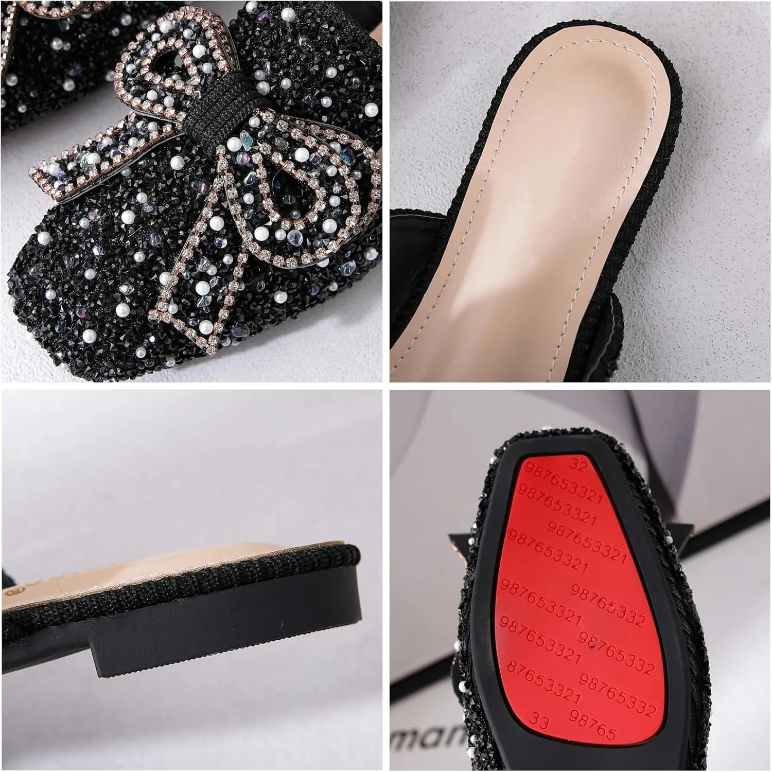 SAFECAMS Women's Rhinestone Bow Flat Mules Comfortable Square Toe Slip on Penny Loafers Ladies Baotou Clogs Half Slides Mules