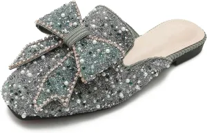 SAFECAMS Women's Rhinestone Bow Flat Mules Comfortable Square Toe Slip on Penny Loafers Ladies Baotou Clogs Half Slides Mules