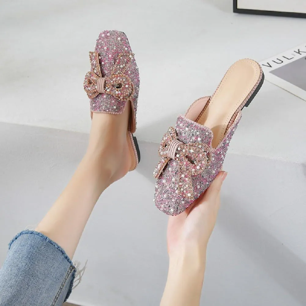 SAFECAMS Women's Rhinestone Bow Flat Mules Comfortable Square Toe Slip on Penny Loafers Ladies Baotou Clogs Half Slides Mules