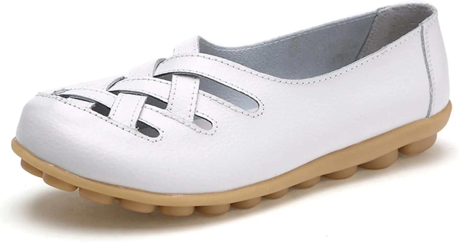 Sandals for Women 2025 Breathable Leather Loafers Hollow Soft-Soled Wedges Comfortable Cowhide Leather Shoes White