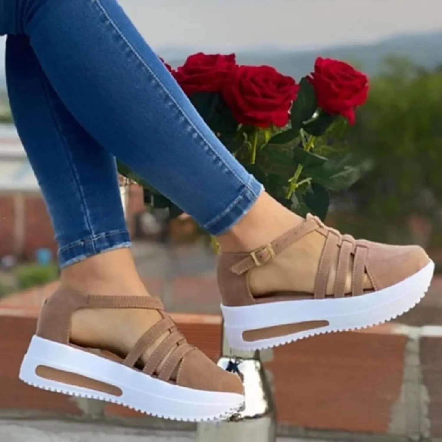 Sandals for Women Dressy Summer Casual Closed Toe Ankle Strap Espadrilles Wedge Comfortable Brown 2025 Shoes Cutout Low Wedges Slip on Buckle Outdoor Orthopedic Platform Sneakers