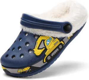 SECHRITE Kids Fur Lined Clogs Garden Shoes for Boys Girls Toddler Cartoon Sandals with Removable Fleece Lined Winter Warm Indoor Outdoor Home Slippers Non-Slip Sole