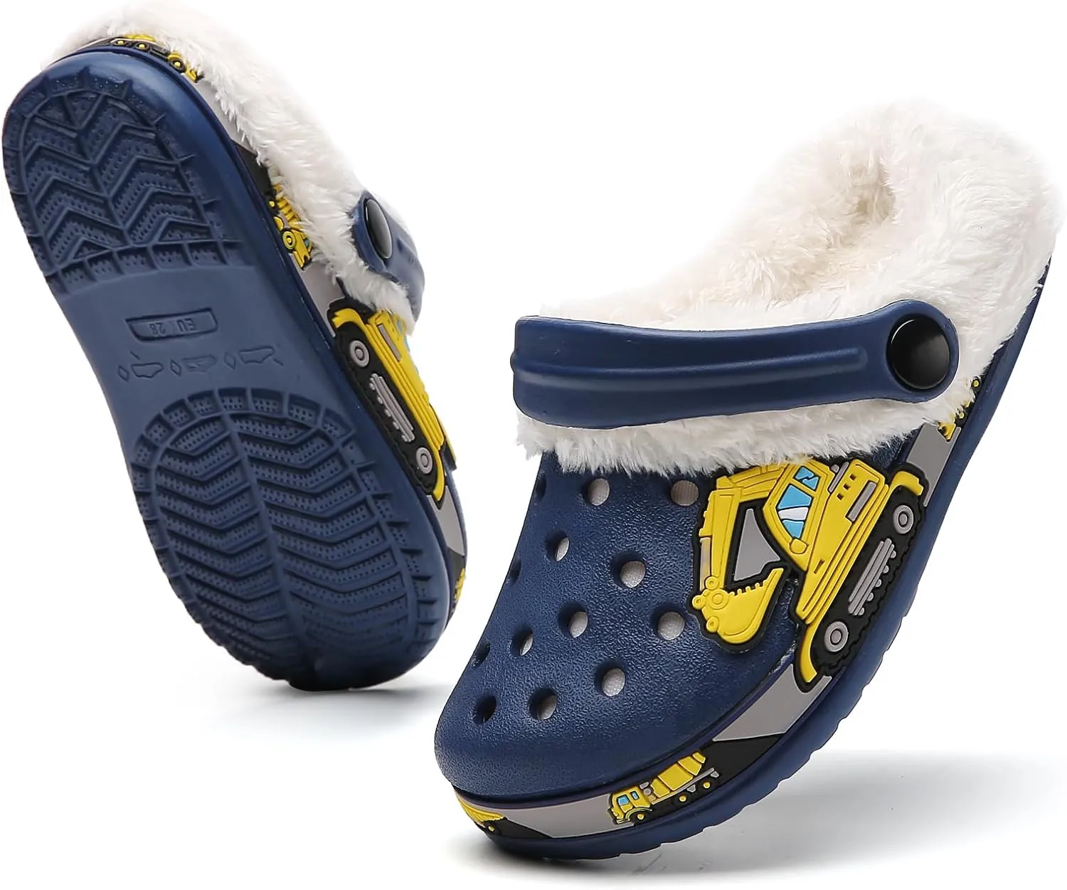 SECHRITE Kids Fur Lined Clogs Garden Shoes for Boys Girls Toddler Cartoon Sandals with Removable Fleece Lined Winter Warm Indoor Outdoor Home Slippers Non-Slip Sole