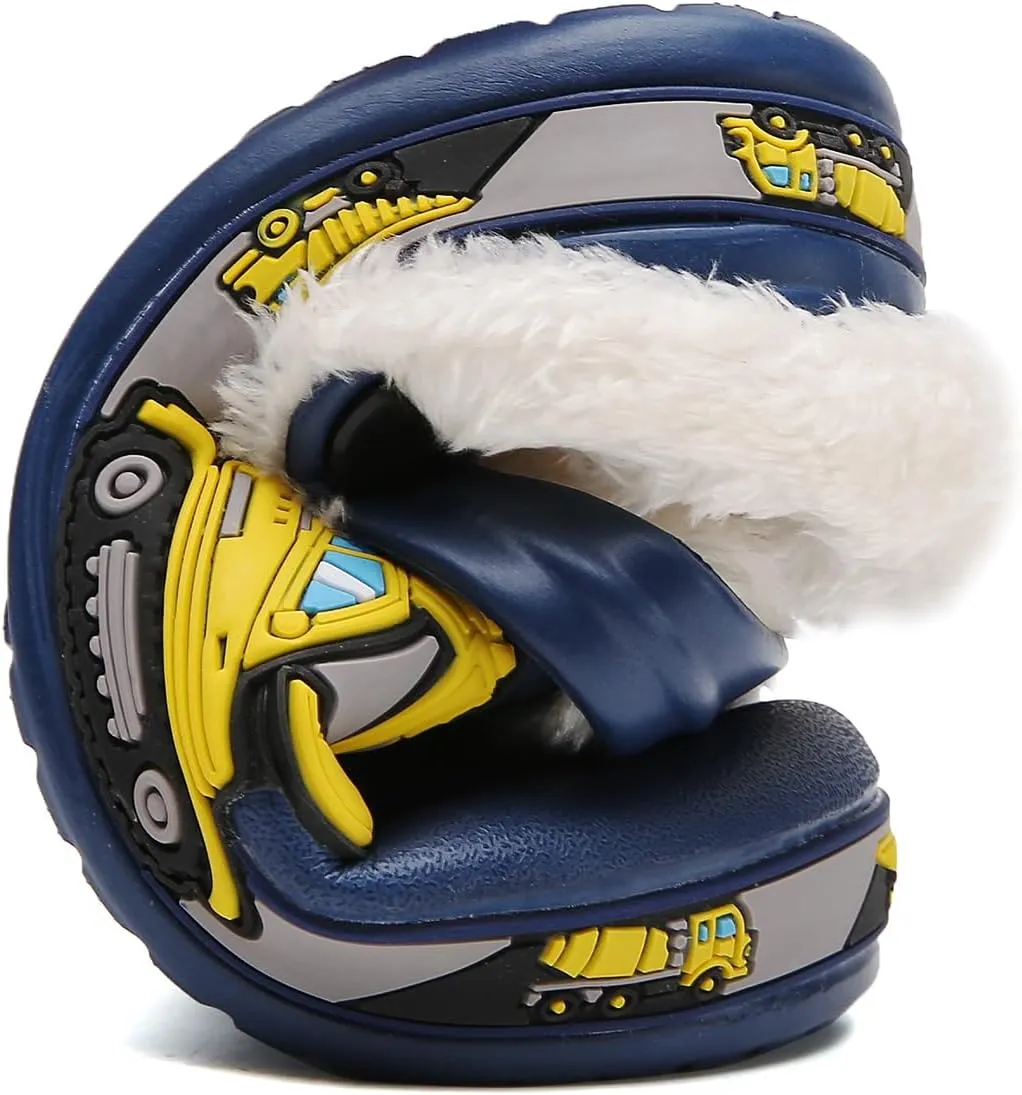 SECHRITE Kids Fur Lined Clogs Garden Shoes for Boys Girls Toddler Cartoon Sandals with Removable Fleece Lined Winter Warm Indoor Outdoor Home Slippers Non-Slip Sole